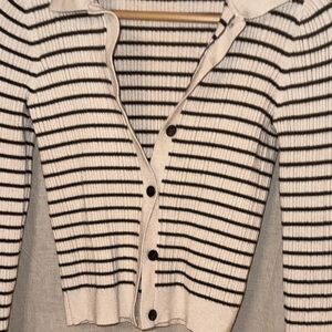 Marled Striped Button-Front Cardigan in Cream and Black